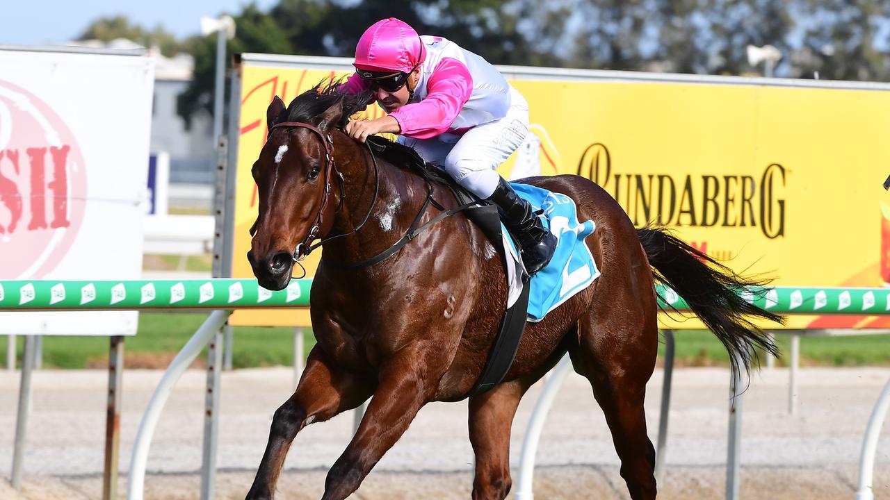 Supplied Editorial Weona Smartone holds off his rivals to win at the Gold Coast under
  jockey Ryan Maloney. Picture: Grant Peters-Trackside Photography.