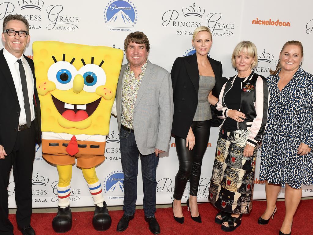 (L-R) Tom Kenny, SpongeBob SquarePants, Creator Stephen Hillenberg, Her Serene Highness Princess Charlene of Monaco, Karen Hillenburg and guest attend the 2017 Princess Grace Awards Gala Kick Off Event with a special tribute to Stephen Hillenberg at Paramount Studios. Picture: Getty