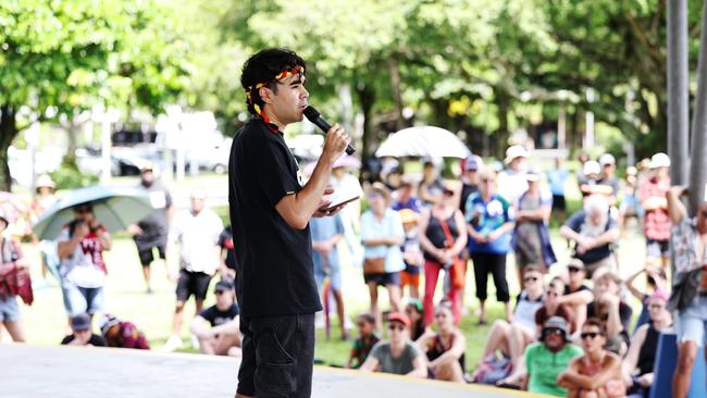 Event organiser Manny Williams addresses the crowd at the Invasion Day rally and protest march, held at Fogarty Park and then along the Esplanade on Australia Day. Picture: Brendan Radke