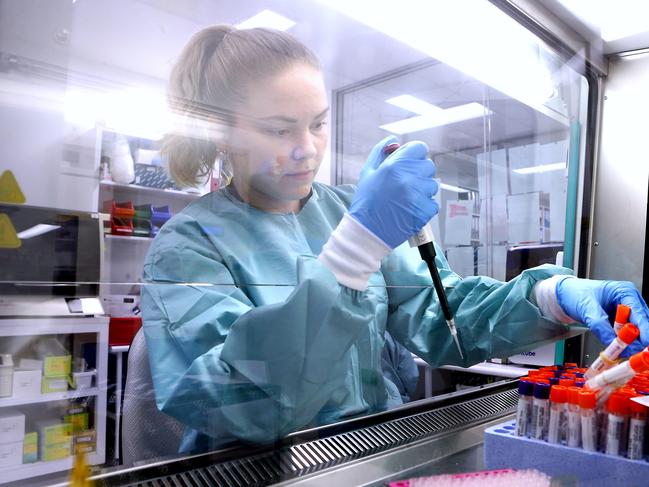 Principal scientist Katrina Collins inside the COVID-19 laboratory at Sullivan Nicolaides Pathology. Picture: NCA NewsWire/Richard Gosling