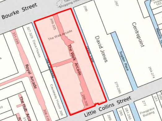 Map of the site of the proposed 11-storey shops and hotels redevelopment at 309-325 Bourke St.  Picture: City of Melbourne