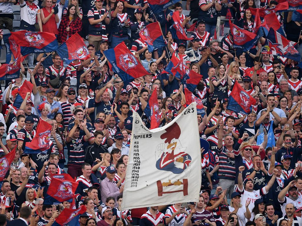 Roosters fans are seen ahead of the 2019 NRL Grand Final between the Canberra Raiders and the Sydney Roosters at ANZ Stadium in Sydney, Sunday, October 6, 2019. (AAP Image/Dean Lewins) NO ARCHIVING, EDITORIAL USE ONLY