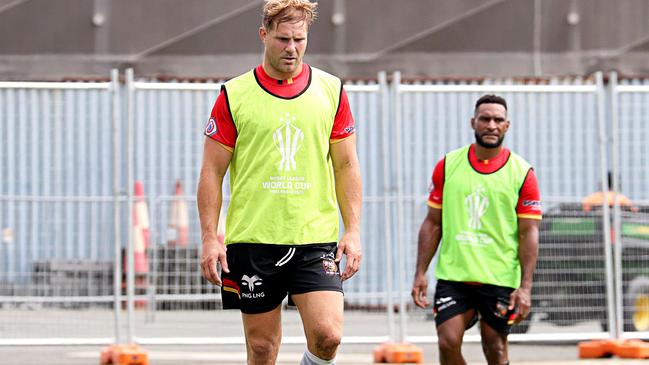 Dragons star Jack de Belin trains with PNG ahead of his Test debut. Picture: Simon Keslep of Post Courier Sports