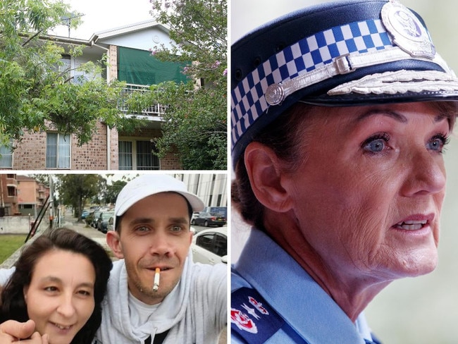 NSW police commissioner Karen Webb, right, Tammie Farrugia and Scott Marshall, bottom left, and their Liverpool apartment in Sydney’s southwest, top left.