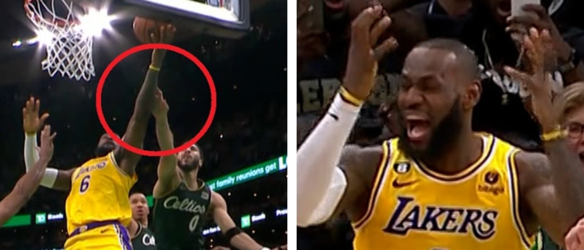 NBA 2023 news missed LeBron James referee foul call, LA Lakers vs Boston Celtics, no call review rule, reaction, scores, results