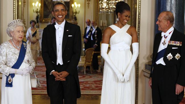 The Queen and Prince Philip with Barack and Michelle Obama ahead of a State Banquet at Buckingham Palace in 2011. Picture: AFP.