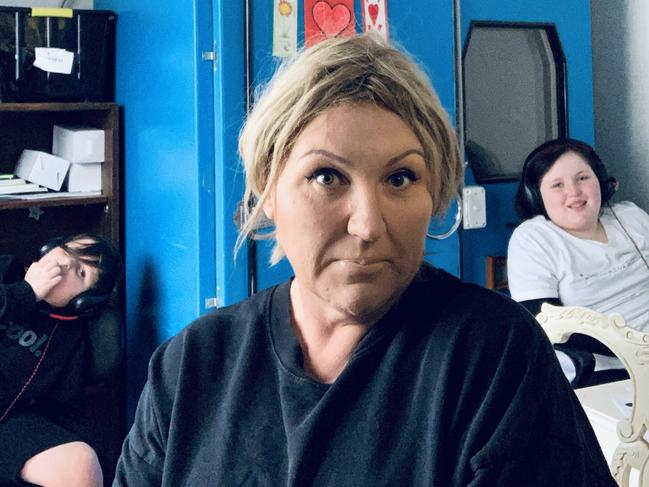 Comedian Meshel Laurie in her home office with her 10-year-old twins. Picture: Supplied