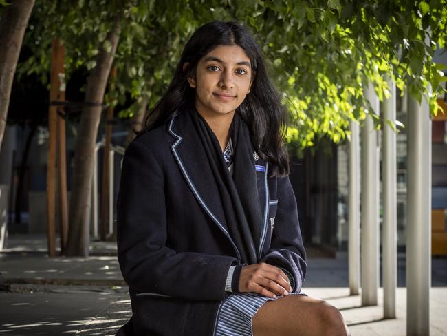 Melbourne teen Anjali Sharma, 16, is leading a class-action lawsuit by eight Australian teens challenging the government to protect young people from climate change. Picture: Jake Nowakowski