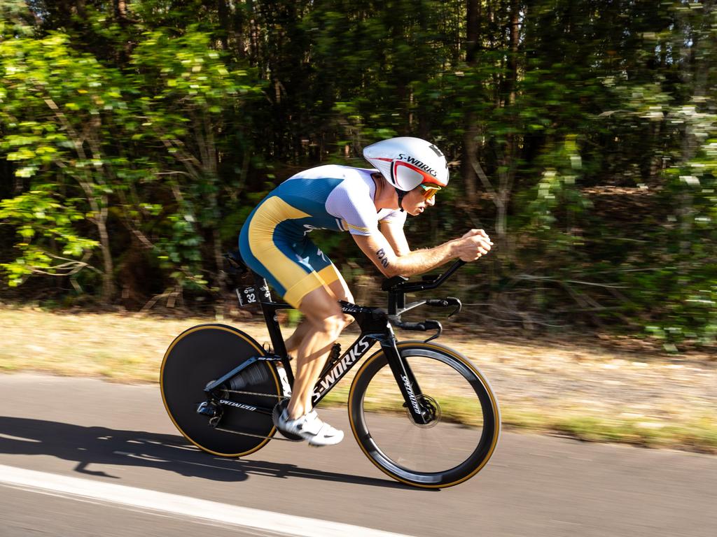 Gold Coast triathlete Matt Hauser — Australia’s only triathlete currently qualified for the Paris Games – on his way to second place in his first appearance at the Noosa Triathlon. Photo: Korupt Vision