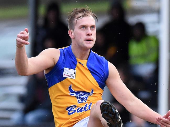 Eastern Football League: Rowville v Noble Park at Seebeck Reserve. Noble Park # 15 Shayne Allan slots the Bulls first goal. Picture: Chris Eastman