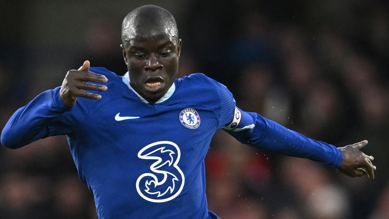 (FILES) Chelsea's French midfielder N'Golo Kante controls the ball during the English Premier League football match between Chelsea and Aston Villa at Stamford Bridge in London on April 1, 2023. (Photo by JUSTIN TALLIS / AFP) / RESTRICTED TO EDITORIAL USE. No use with unauthorized audio, video, data, fixture lists, club/league logos or 'live' services. Online in-match use limited to 120 images. An additional 40 images may be used in extra time. No video emulation. Social media in-match use limited to 120 images. An additional 40 images may be used in extra time. No use in betting publications, games or single club/league/player publications. / TO GO WITH AFP STORY BY Haitham EL-TABEI AND Alice LEFEBVRE