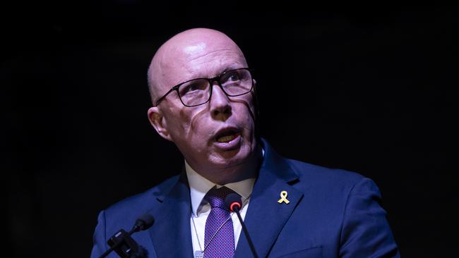 Peter Dutton pictured speaking at the Jewish community vigil Monday night. Picture:NewsWire / Monique Harmer