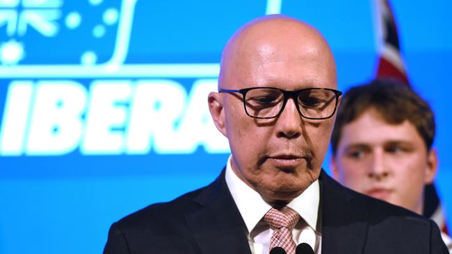Peter Dutton concedes defeat on election night in Brisbane as Australians rejected the Coalition’s pitch for a conservative shift. Picture: Getty Images