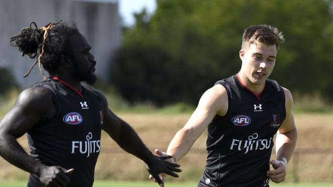 Zac Merrett appears to be firming as Essendon’s next captain, he’s pictured with Anthony McDonald-Tipungwuti. Picture: Andrew Henshaw