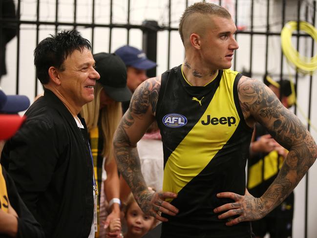 Richmond's Dustin Martin chats with manager Ralph Carr, who is being sued for defamation. Picture: Michael Klein