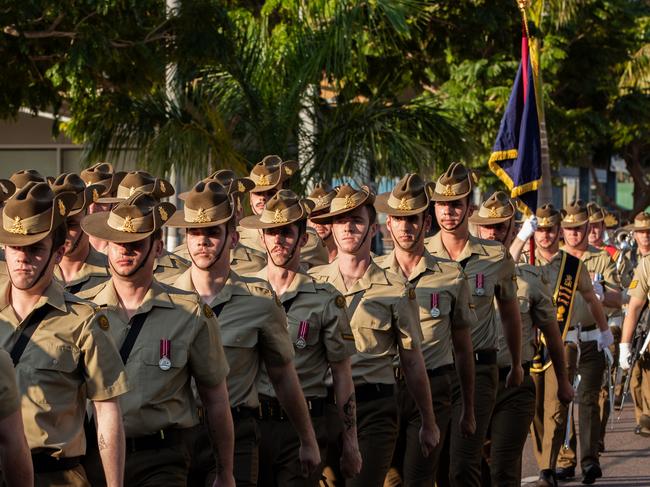 More than 200 soldiers from 8th/12th Regiment, Royal Australian Artillery at the Freedom of Entry march through Palmerston on Friday. Picture: Pema Tamang Pakhrin