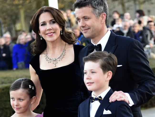 Danish Crown Prince Frederik, Crown Princess Mary, Prince Christian and Princess Isabella arrive for the Queen's birthday event at the Concert Hall Aarhus on April 8, 2015. AFP PHOTO / Scanpix Denmark / KIM HAUGAARD / DENMARK OUT