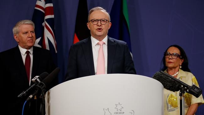 Anthony Albanese with retiring ministers Brendan O’Connor and Linda Burney on Thursday. Picture: NewsWire / Nikki Short