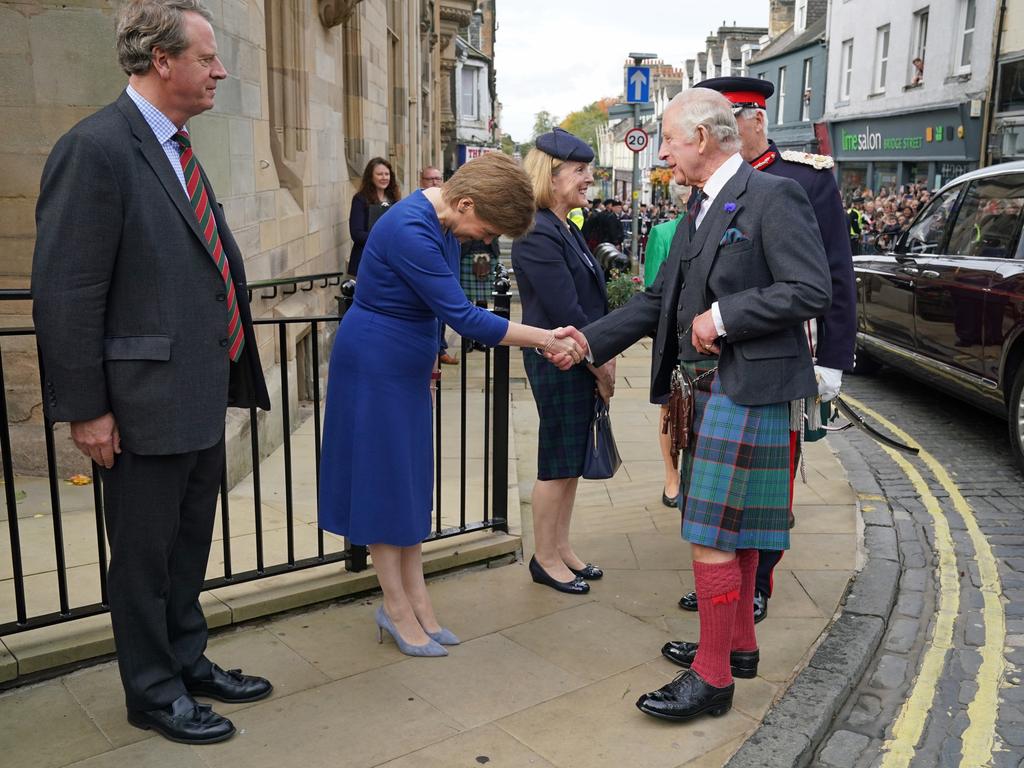 King Charles III shakes hands with Scotland's First Minister Nicola Sturgeon as Scottish Secretary Alister Jack (left) looks on, at the City Chambers in Dunfermline, Fife. Picture: Andrew Milligan – Pool/Getty Images