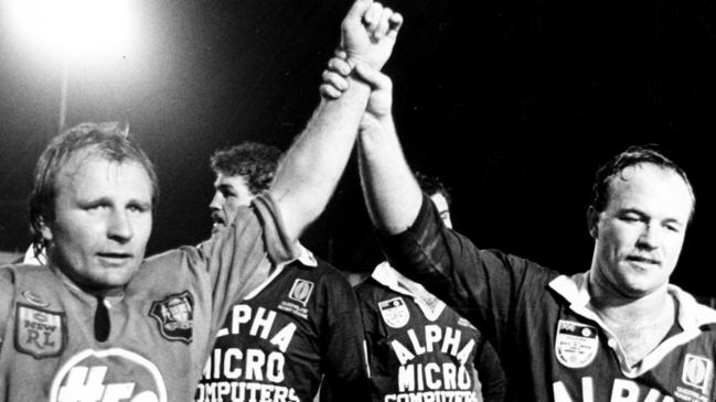 Peter Sterling and Wally Lewis after the Origin game in Los Angeles in 1987. Picture: Peter Kurnik