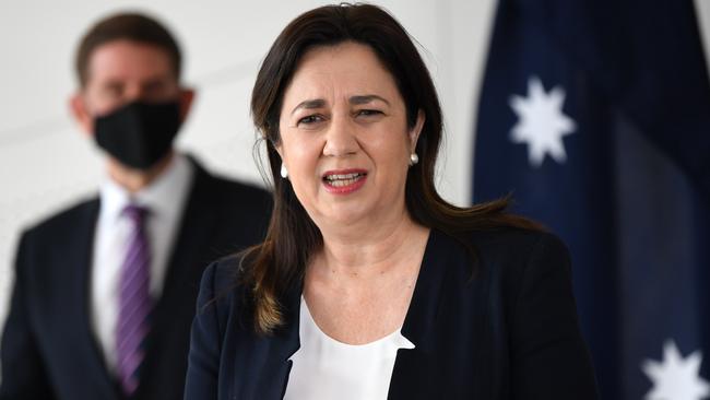 Premier Annastacia Palaszczuk announced there was one new local case, describing it as "very pleasing". Picture: NCA NewsWire / Dan Peled