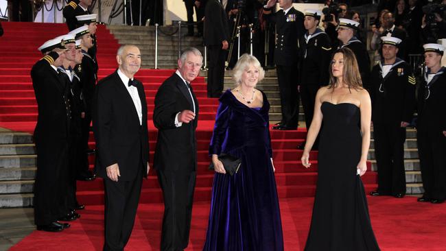 Film producer Michael G Wilson, then Prince Charles now King, Camilla Parker-Bowles, now Queen, and Barbara Broccoli arrive at the world premiere of the latest James Bond film Skyfall at the Royal Albert Hall in 2012. Picture: Joel Ryan/Invision/AP