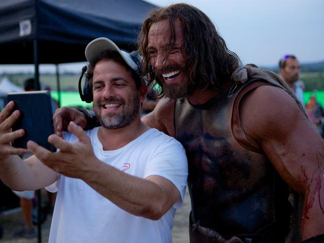 Bret Ratner and Dwayne Johnson having a giggle at Kevin Sorbo’s expense.