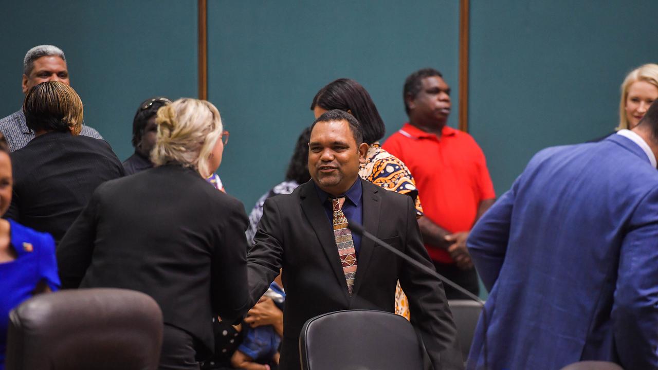 Manuel Brown was congratulated by members across the chamber as he was sworn in as the new Arafura MLA on Tuesday. Picture: Pema Tamang Pakhrin