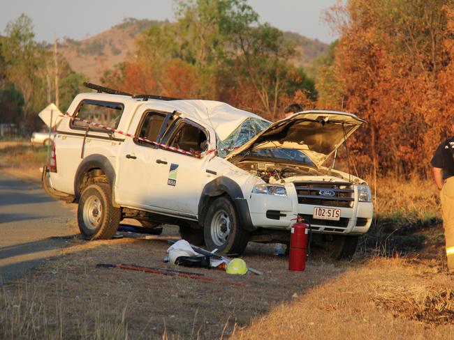 A photo from the scene at Thangool on December 5, 2012 where a Ford Ranger rolled several times.