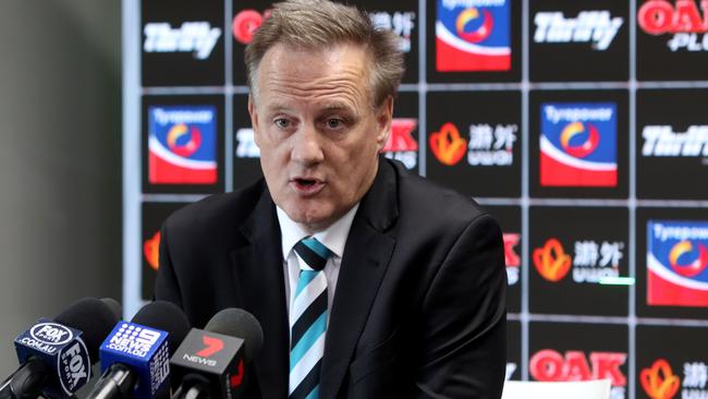 Port Adelaide chief executive Keith Thomas speaks to the media about Sam Powell-Pepper’s ban. Picture: AAP / Kelly Barnes