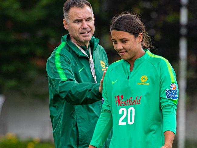 06/06/2019: The Matildas; Australian Womens Soccer team in training in  yesterday in Valenciennes ahead of their 2019 World Cup campaign. Coach  Ante Milicic with Sam Kerr. PIC: FFA