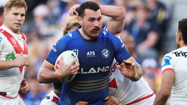 SYDNEY, AUSTRALIA - AUGUST 31:  Reagan Campbell-Gillard of the Eels is tackled during the round 26 NRL match between Parramatta Eels and St George Illawarra Dragons at CommBank Stadium, on August 31, 2024, in Sydney, Australia. (Photo by Matt King/Getty Images)