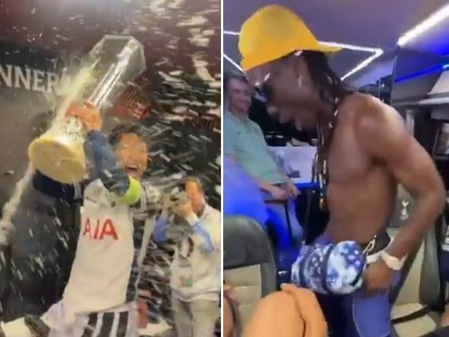Tottenham players celebrate their drought-breaking Europa League win.