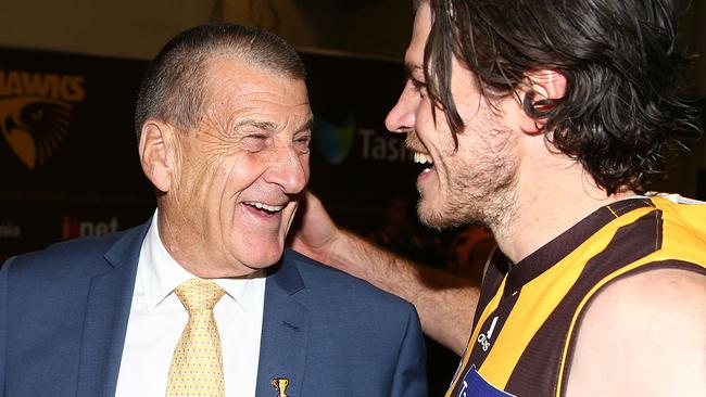 Hawthorn president Jeff Kennett celebrates with Isaac Smith after the win over the Gold Coast at UTAS Stadium last month. Picure: Michael Dodge/Getty