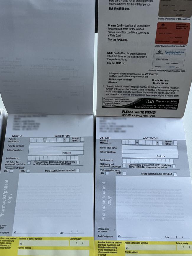 Blank prescription pads were personalised under the names of individual doctors, obscured here by The Australian.