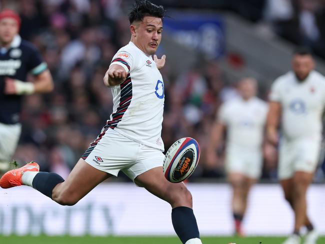 LONDON, ENGLAND - FEBRUARY 22:  Marcus Smith of England kicks the ball upfield during the Guinness Six Nations 2025 match between England and Scotland at the Allianz Twickenham Stadium on February 22, 2025 in London, England. (Photo by David Rogers/Getty Images)