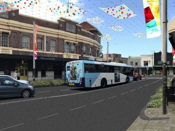 Artist's impression of Norton St by day for the Parramatta Road Urban Amenity Improvement Program.