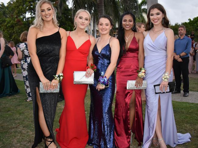 Paris Borressen, Haylee Russell, Brianna Brown, Aksha Pereira and Summer Scott at the Mackay North State High School Year 12 formal at the Mackay Entertainment and Convention Centre, Saturday November 21, 2020. Picture: Heidi Petith