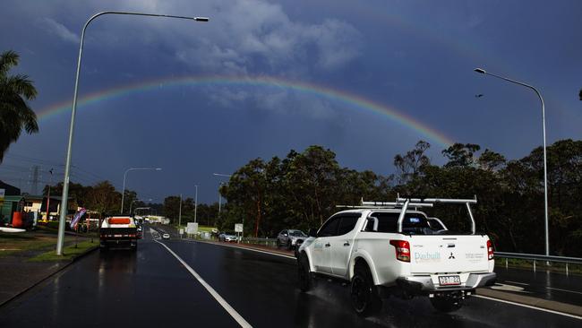 Post storm rainbow over Monier road at Sumner. Picture Lachie Millard