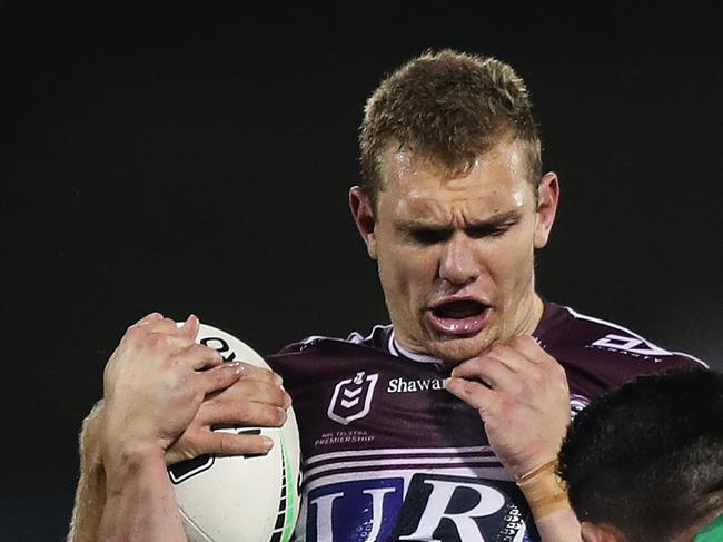 Manly's Tom Trbojevic injures his hamstring during the Manly Sea Eagles v Canberra Raiders NRL match at Campbelltown Stadium, Sydney. Picture: Brett Costello