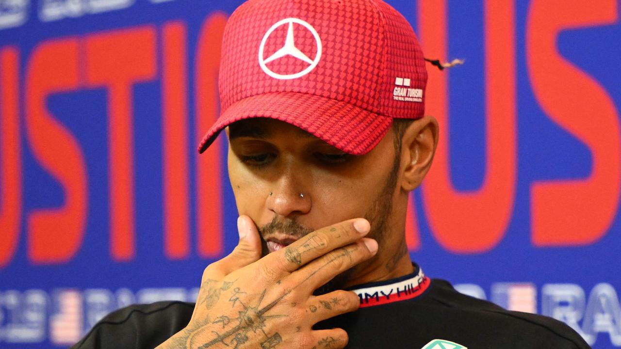 AUSTIN, TEXAS - OCTOBER 22: Second placed Lewis Hamilton of Great Britain and Mercedes talks in a press conference following the F1 Grand Prix of United States at Circuit of The Americas on October 22, 2023 in Austin, Texas. Clive Mason/Getty Images/AFP (Photo by CLIVE MASON / GETTY IMAGES NORTH AMERICA / Getty Images via AFP)