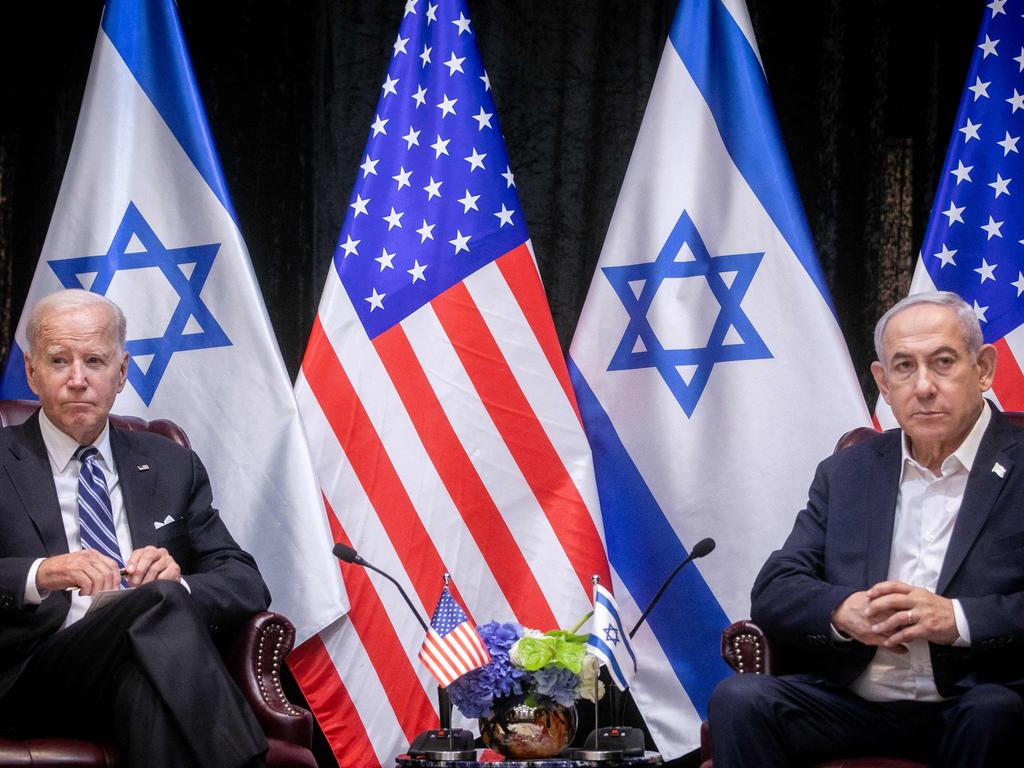 US President Joe Biden (L), sits with Israeli Prime Minister Benjamin Netanyahu, at the start of the Israeli war cabinet meeting, in Tel Aviv. Picture: AFP