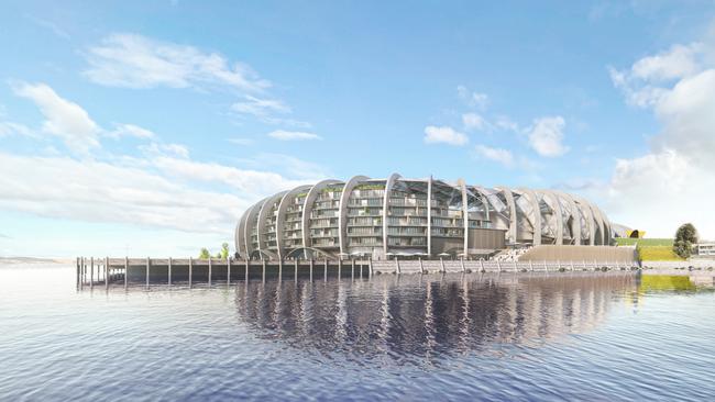 Concept drawings of a new design for a Macquarie Point Stadium by the Stadia Precinct Consortia led by Dean Coleman and Paul Lennon. Picture: SolutionsWon