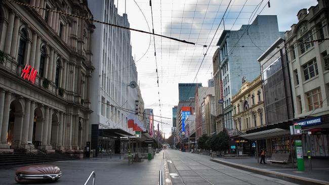 Melbourne CBD during stage four lockdown. Picture: Tony Gough