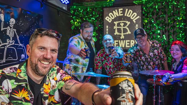 Bone Idol host a tropical-themed first birthday party (from left) Chris Janetzki, Ben Cheesman, Anthony Smith, Al Ferguson and Mickey Berry, Saturday, November 9, 2024. Picture: Kevin Farmer