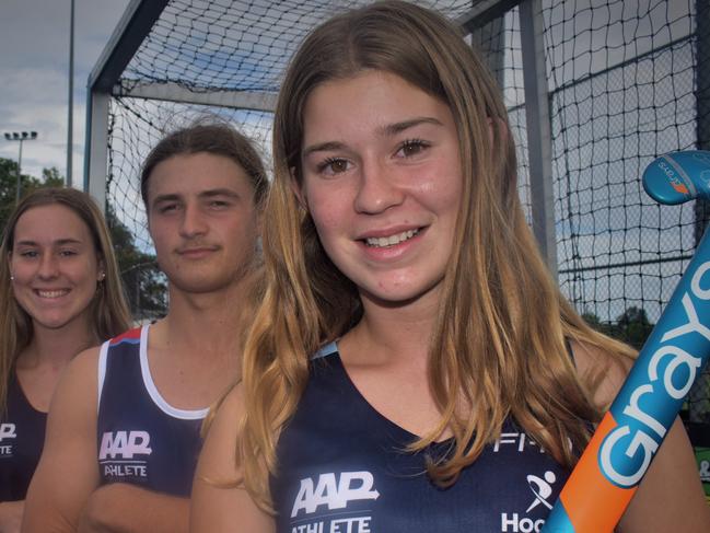 Ashleigh Ensbey, Rhys Cropper and Mackenna Ensbey are among a contingent of Grafton hockey players selected to represent NSW teams at national championships this year. Photo Bill North / The Daily Examiner