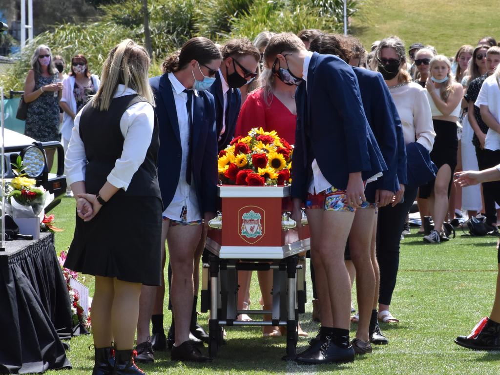 Nathan Weckert’s pallbearers and their ‘fruit loop’ undies. Picture: Matty Holdsworth