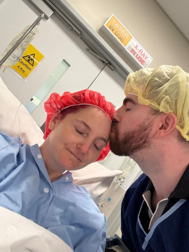 Kaz Kelly and husband Kyle Burton, before Kaz's 9½-hour bowel cancer surgery in Brisbane on December 12 last year. Picture: Supplied