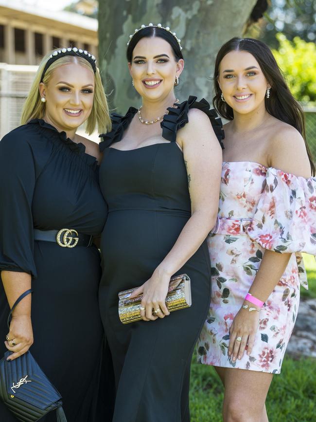 At Melbourne Cup race day at Clifford Park racecourse are (from left) Stephanie Goldsworthy, Meg Murphy and Riley Campbell, Picture: Kevin Farmer