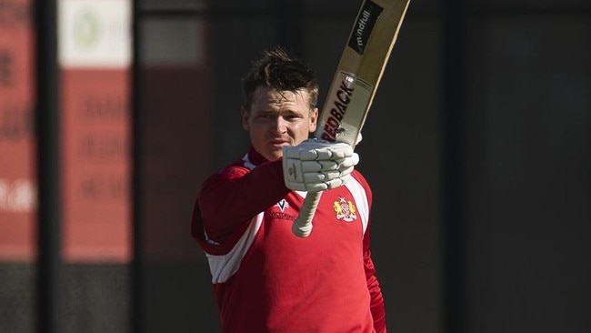 Jordan Wyatt raises his bat after scoring his maiden century for the Swans.